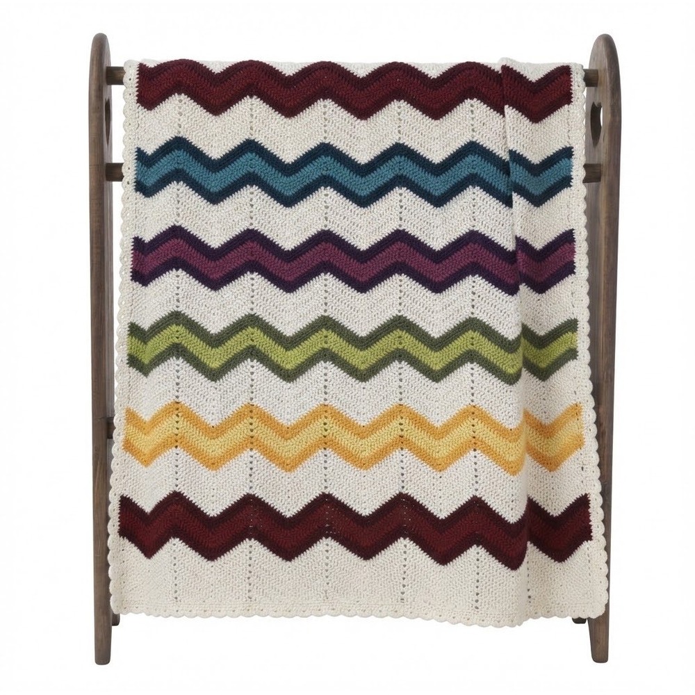 Handmade Crochet Throw Blanket Cream Colorful Chevron Ripple Boho Retro Vintage